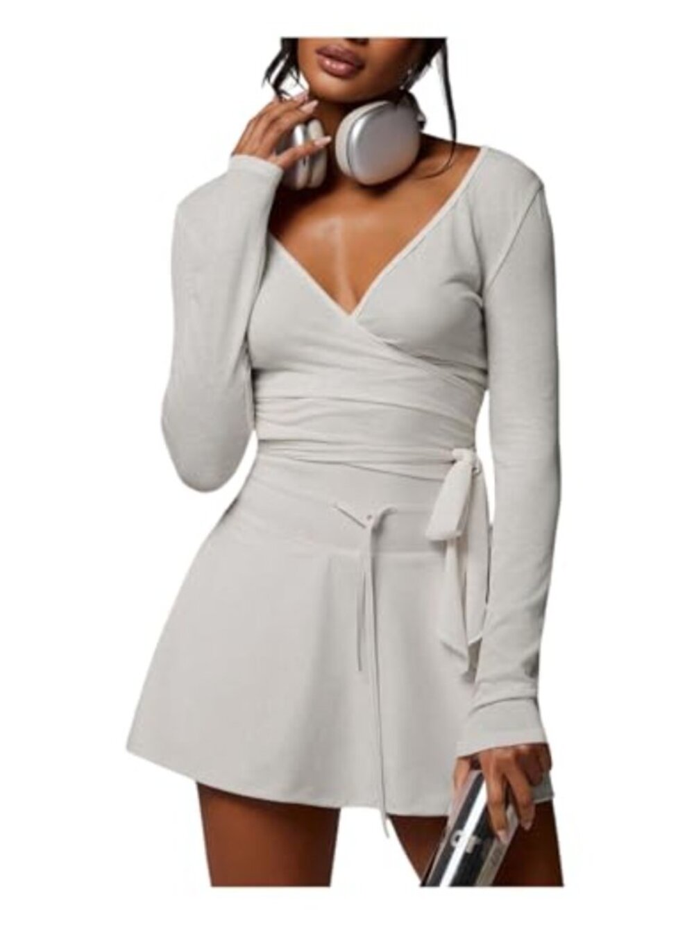 Ballet Wrap Top Y2k Tie Front Deep V Neck Long Sleeve Crop Tee
